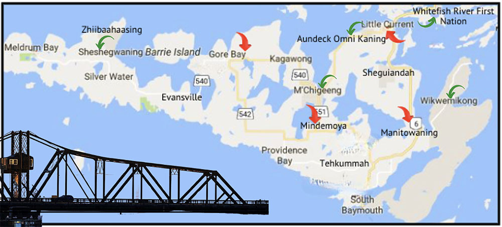 Image map of Manitoulin Island showing communities with physicians with offices or visiting physicians.
