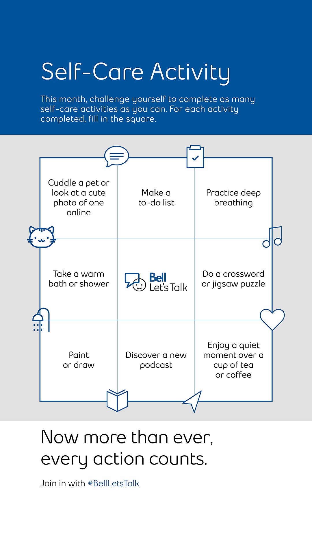 Bell Self Care Activity poster showing challenges individuals should complete during the month of February to better their mental health.